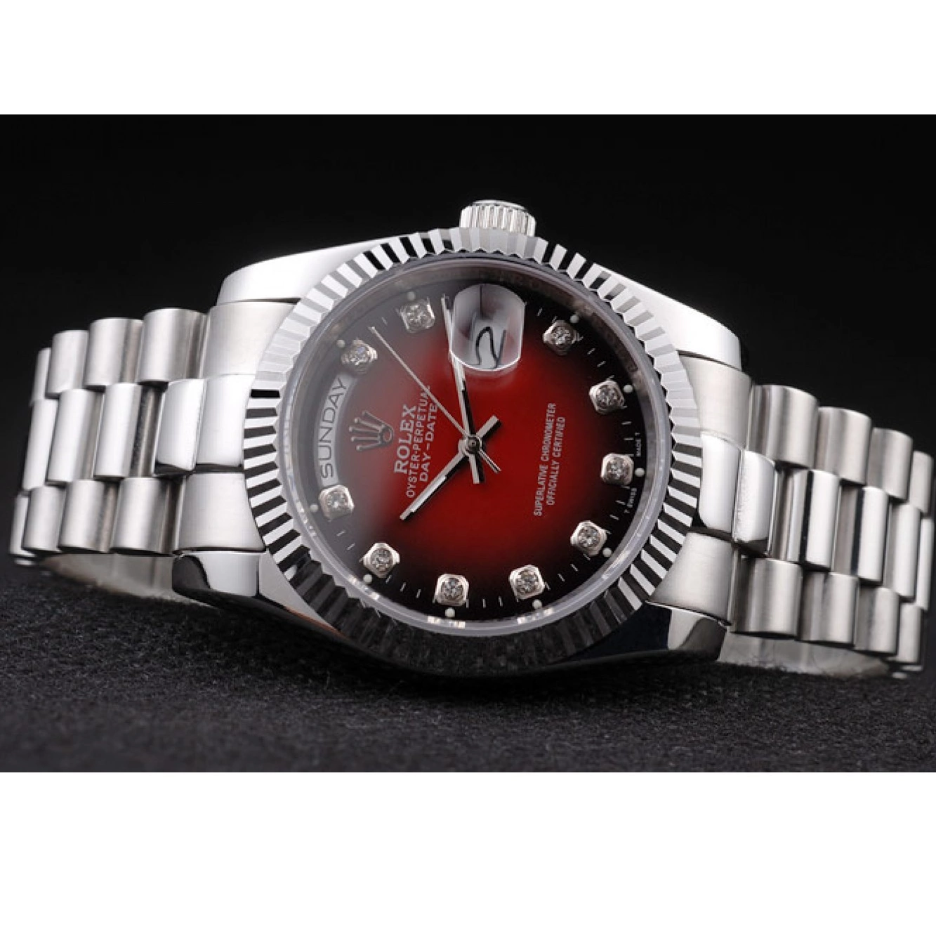 Aaa replica watch Steel Rolex Day-Date Tone Stainless Red Two Polished Dial 0724